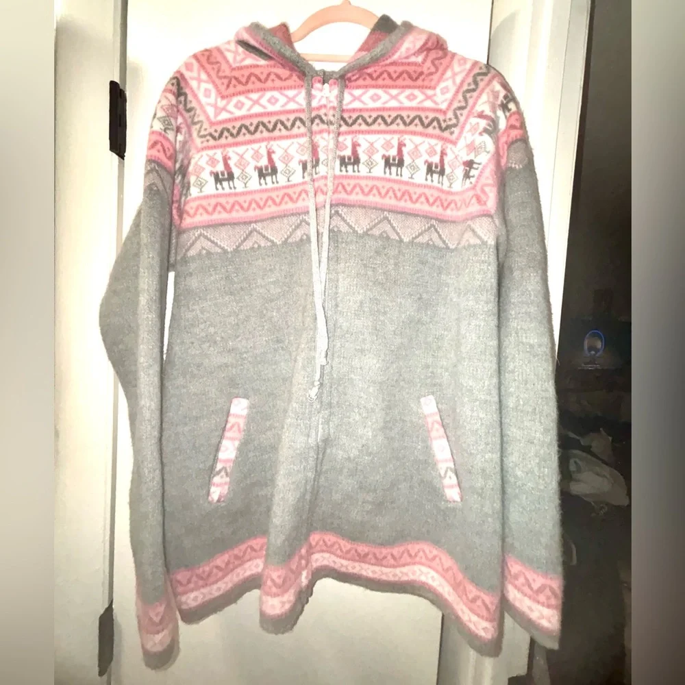 Artesanias 100% Ecuadorian Alpaca Wool Sweater Zipper Hoodie L Large Llama - Picture 7 of 7